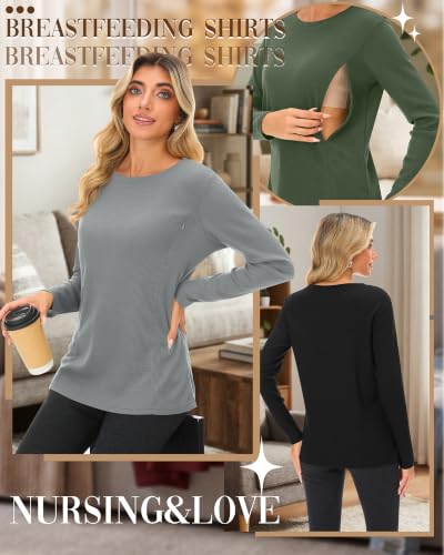 Neer 3 Pack Women's Nursing Hidden Zipper Long Sleeve Shirts - color: Light Gray, Light Green, Black, size: X-Large