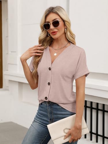 TICTICMISS Womens Summer Tops Short Sleeve Button Down V Neck T Shirts - color: Apricot, size: Large