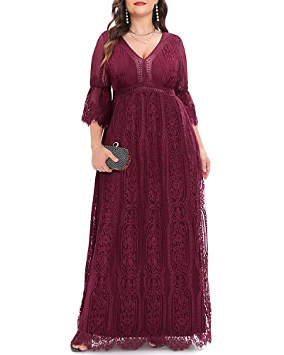 Plus Size Wedding Dresses Boho Lace Formal Bohemian Fall Long Dress - color: Burgundy, size: 24 Plus