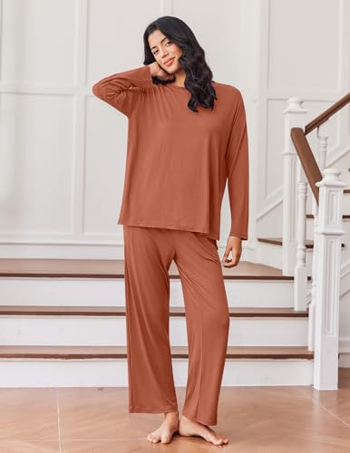 Ekouaer Lounge Sets for Women Long Sleeve Pajamas Fall Loungewear - color: Camel, size: X-Large