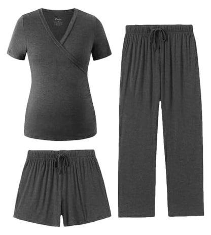 PATPAT 3-Piece Maternity Nursing Pajamas, Womens Lounge Set with Pockets - color: Dark Gray, size: Medium