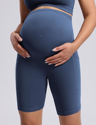 POSHDIVAH Creamluxe Maternity Biker Shorts with Pockets 6"/8" - color: Aegean Blue, size: Medium