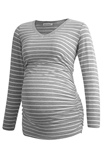 Smallshow Women's V-Neck Maternity Shirt Clothes Long Sleeve Ruched Pregnancy Top - color: Black-light Grey-light Grey Stripe(3 Pack), size: Large