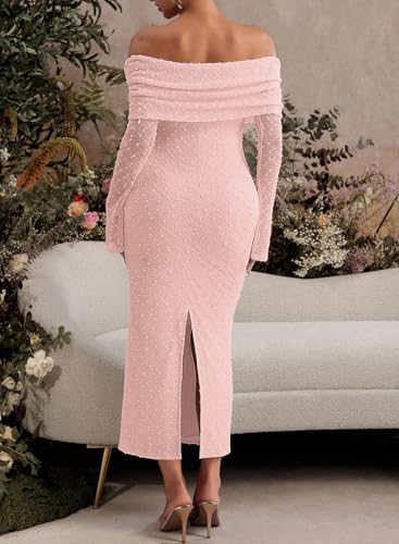 BLENCOT Womens Off Shoulder Flare Sleeve Split Bodycon Maternity Dress - color: Pink, size: Small