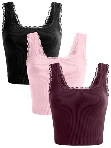 OLCHEE Womens 3 Pack Crop Tank Tops Square Neck Lace Trim Trendy Cami - color: Lace: Black + Light Pink + Plum, size: Small