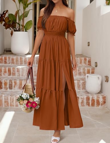 ZESICA Womens 2026 Summer Off Shoulder Boho Maxi Dress - color: Caramel, size: X-Large