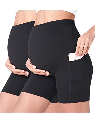 POSHDIVAH Maternity Biker Shorts Over the Belly with Pockets 5"/8" - color: 2pcs Black, size: Medium