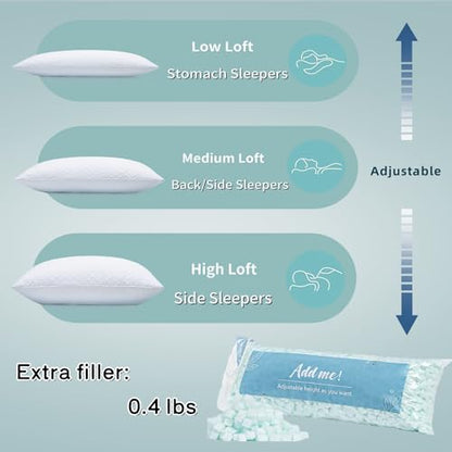 Rainmr Queen Size Bed Pillow for Sleeping Shredded Memory Foam Adjustable Loft Pillows with Cooling Washable Pillow Case, 20x30 inches (White, Queen 1-Pack) - size: 20x30 IN
