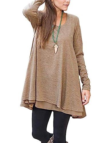 Poetsky Women's Long Sleeve Tunic Tops Layered Chiffon Hem Blouses Shirts - color: A-brown, size: Medium
