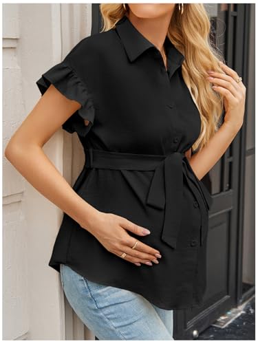 MakeMeChic Women's Maternity Nursing Work Blouse Pregnancy Ruffle Tops - color: Black, size: XX-Large