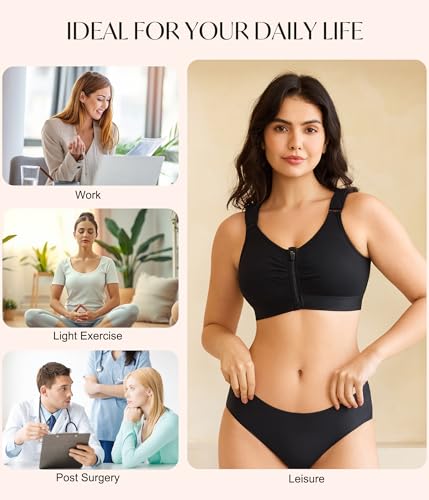 CYDREAM Zip Front Closure Wireless Bras for Women Post Surgery Compression - color: Black, size: XX-Large