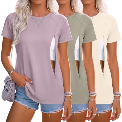 Huukeay 3 Pack Women's Nursing Tops - color: Gray Purple, Cement Gray, Cream, size: Medium