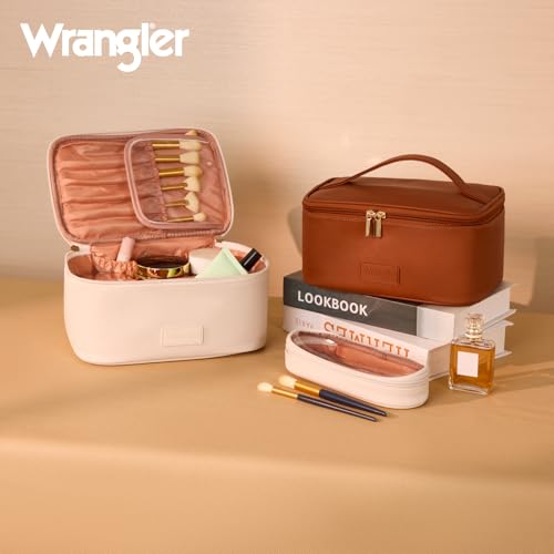 Wrangler Travel Makeup Bag 2pcs Set Cosmetic Bag with Makeup Brush Holder - color: Solid Beige