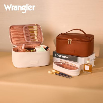 Wrangler Travel Makeup Bag 2pcs Set Cosmetic Bag with Makeup Brush Holder - color: Solid Beige