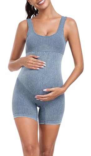 EastElegant Maternity Seamless Yoga Jumpsuits Women's One Piece Workout Bodysuits Ribbed Square Neck Romper - color: Denim Blue, size: Large