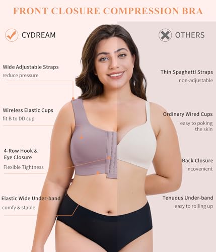 CYDREAM Wireless Front Closure Bra for Women Compression Back Smoothing Post Surgery Bra Adjustable Straps - color: Purple, size: 3X-Large