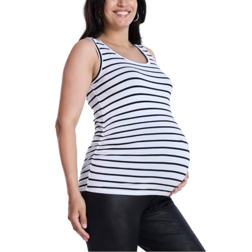 Motherhood Maternity Women's Side Ruched Scoop Neck Pregnancy Tank Top - color: White/Black Stripe, size: Large
