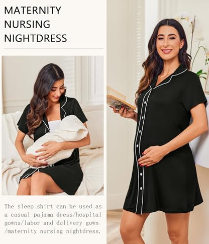 Ekouaer Womens Nightgown Button Down Short Sleeve Notch Collar Sleep Shirt - color: Black, size: Medium