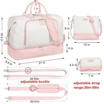 TIBES Travel Weekender Bag for Women, Overnight Bag with Shoe Compartment - color: Pink White 3pcs