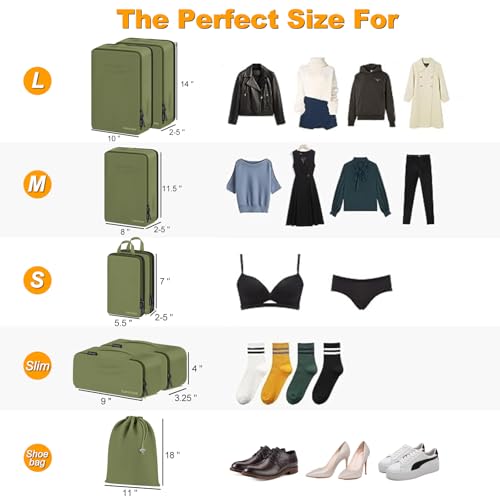 Lumesner 8 Set Compression Packing Cubes, Travel Suitcase Organizers - color: Army green