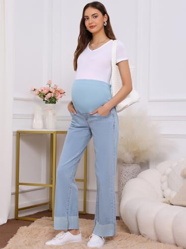 Women Maternity Jeans Straight Leg Cuffed Denim Work Pants - color: Light Blue, size: Large