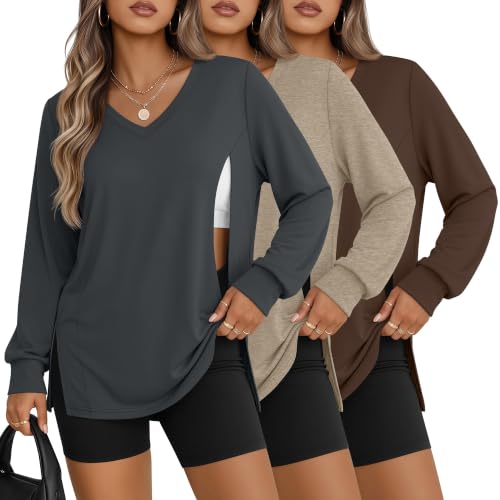 3 Pack Women's Nursing Breastfeeding Long Sleeve Shirts - color: Dark Gray, Light Camel, Dark Brown, size: Medium