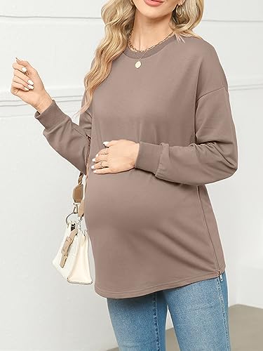 Women's Maternity Shirts Long Sleeve Sweatshirt Zipper Split Side Pregnancy Casual Tunic Top - color: Brown, size: Small
