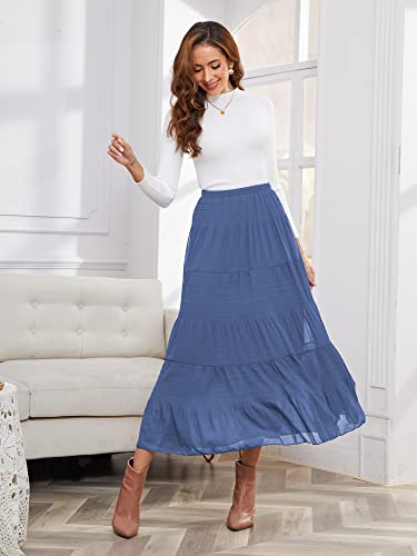 NASHALYLY Women's Chiffon Elastic High Waist Pleated A-Line Maxi Skirts - color: Beja Blue, size: XX-Large