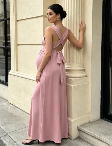 Maternity Maxi Dress Sleeveless V Neck Wrap High Slit Shower Gown - color: Pink, size: Large