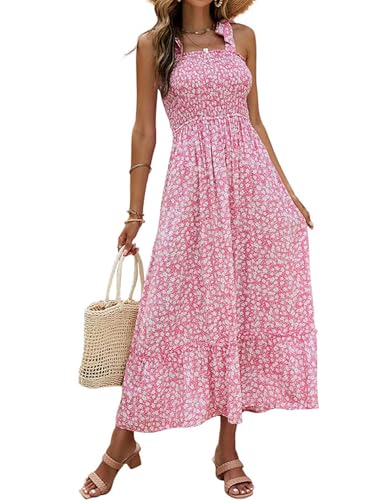 Tobrief Women's Boho Dress Summer Spaghetti Strap Square Neck Flowy Ruffle Beach Long Maxi Dress - color: 04 Pink Floral, size: Medium