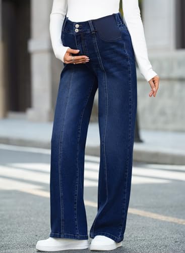 BLENCOT Women's Maternity Jeans High Waist Side Panel Wide Leg Denim Pants - color: Navy Blue, size: Medium