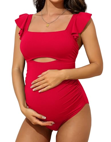 Charmo Ruffle Maternity Bathing Suits Ribbed Tie Knot Pregnancy Swimsuit - color: Bright Red, size: Small