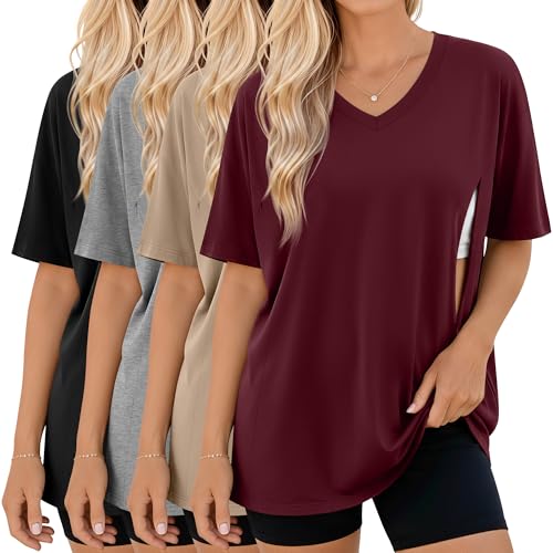 4 Pack Women's Oversize Nursing Tops - color: Wine Red, Khaki, Light Gray, Black, size: XX-Large