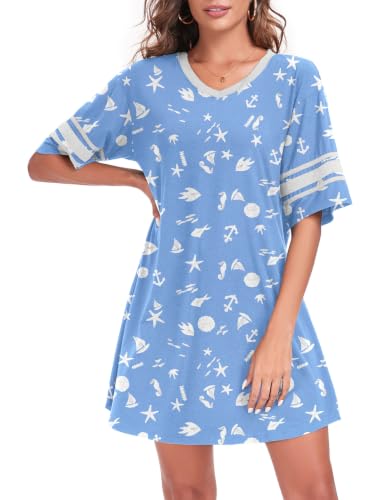 REGAI Women's Nightgowns Short Sleeve Soft Sleepshirt - color: Blue Sea, size: Small