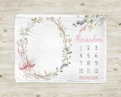 Customized Flowers Milestone Blanket, Baby Girl Personalized Wildflower Gift, Soft Wildflower Baby Photo Blanket, Floral Name Newborn Blanket - color: Wildflower#12