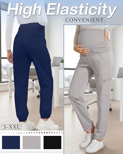 3 Pack Maternity Scrub Cargo Jogger Pants - color: Black, Light Gray, Navy Blue, size: Medium