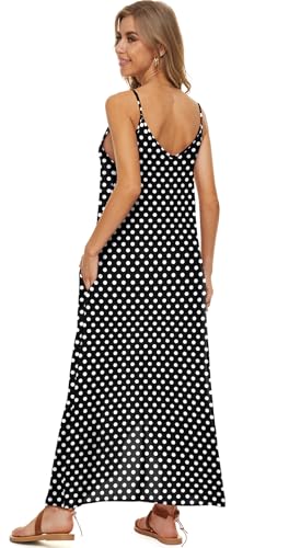 LILBETTER Women V-Neck Polka Dot Print Spaghetti Strap Boho Long Maxi Dresses - color: 01black Dot, size: Large
