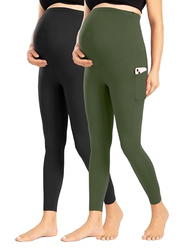 Enerful Maternity Leggings with Pockets Yoga Tights - color: Black+green, size: Small