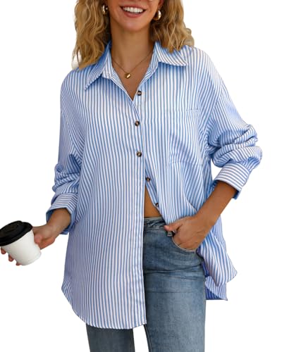 CHYRII Women's Striped Button Down Long Sleeve Blouse - color: Indigo Blue-7174, size: Small