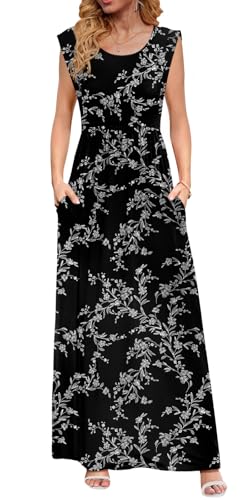 DB MOON Womens 2026 Maxi Dresses Empire Waist Long Summer Dress Casual Cap Short Sleeve Sundress with Pockets - color: Black Floral 01, size: Small