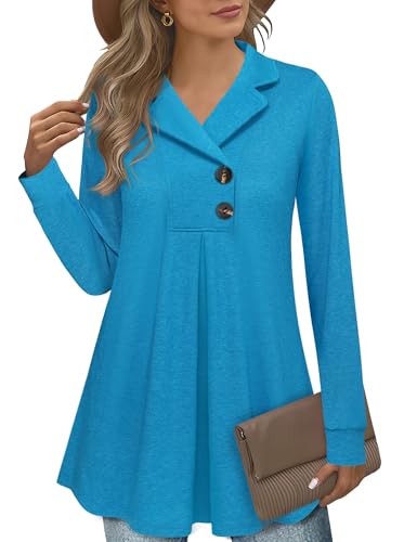 Gaharu Women's Swing Tunic Notch Collar Ladies Button Sweatshirt Long Sleeve Pullover Shirt Tops - color: Blue, size: X-Large