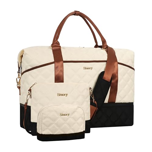 Weekender Bags for Women, Large Travel Duffel Bag, Carry on Overnight Bag - color: G-3PCS Beige Black Brown