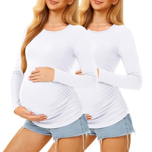 Maternity Shirts Long Sleeve Crew Neck Pregnancy Top for Women - color: White+white, size: XX-Large