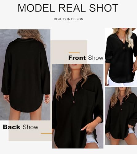 Astylish Women Waffle Knit Tops Henley Shirts - color: Black, size: Medium
