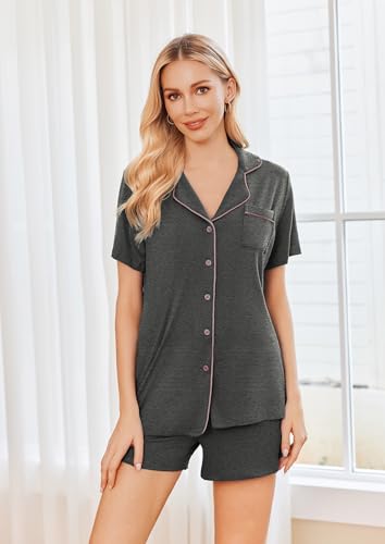 Ekouaer Womens Pajamas Set 2 Pack Button Down Summer Short Sleeve Pjs S-XXL - color: Gray/Gray Stars, size: Large