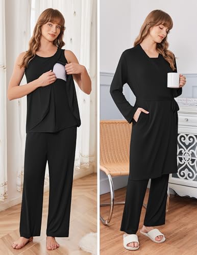 Ekouaer Maternity Pajamas Nursing Robe Set 3 Pieces Post Partum Lounge Sets - color: Black, size: Medium