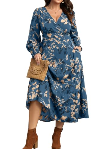 RWJ Women's Plus Size Fall Wedding Guest Dress Long Sleeve Maxi with Pocket - color: Dusty Blue Floral, size: X-Large Plus