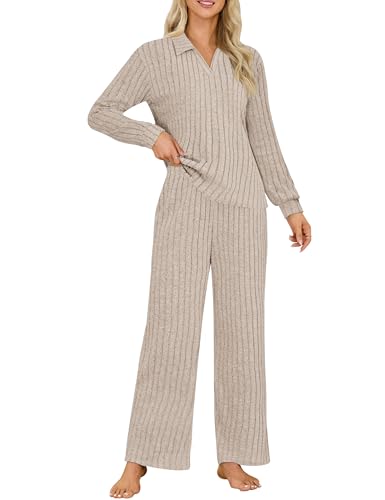 Blooming Jelly Womens Lounge Sets Long Sleeve Fall Pajama Sets Casual Matching 2 Piece PJ - color: Apricot, size: Large