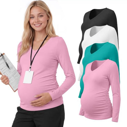 Neer 4 Pack Maternity Long Sleeve V Neck Under Scrub Tops - color: Black, White, Lake Green, Light Pink, size: Medium