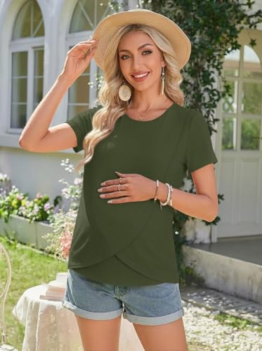 Ekouaer 3 Pack Nursing Shirts Short Sleeve Breastfeeding Tops Maternity Tee - color: Army Green/Black/Pink, size: Medium